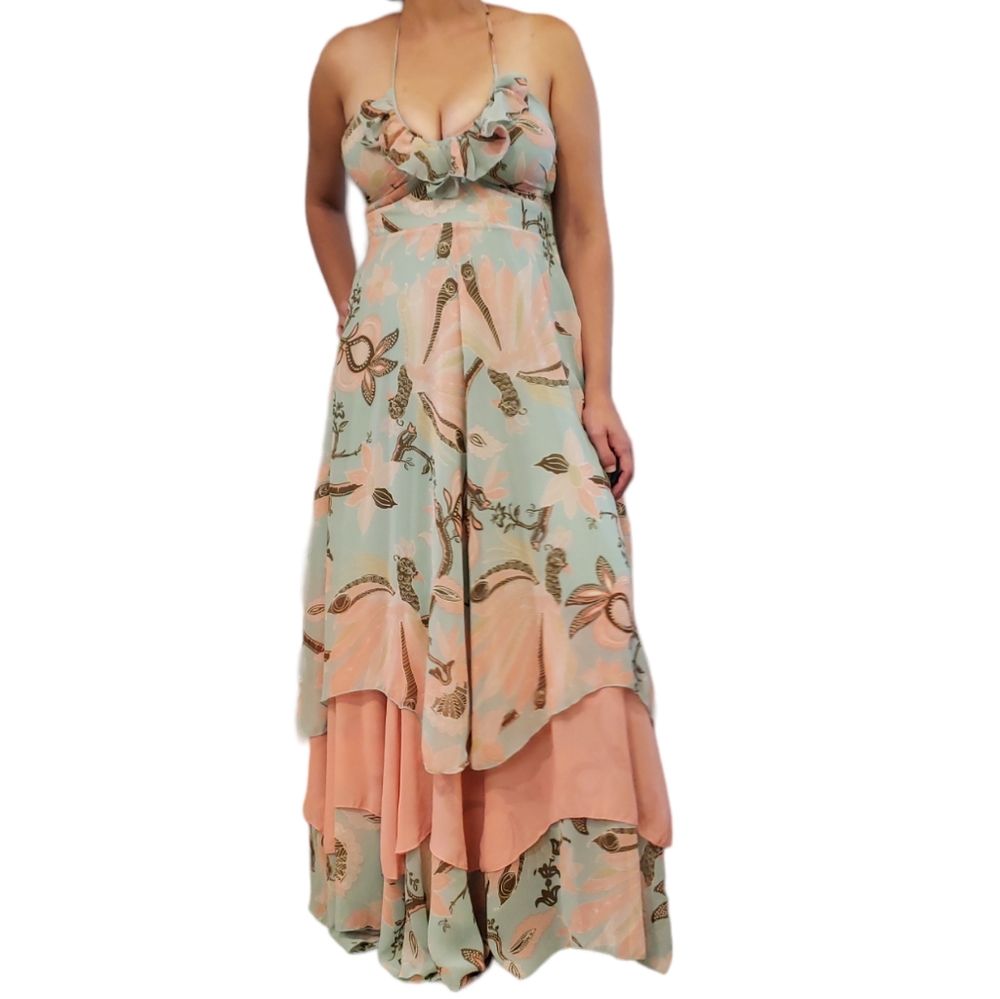 Boho Maxi Dress Fairy Coquette, Whimsy Cottagecore Floral Ruffled Tiers